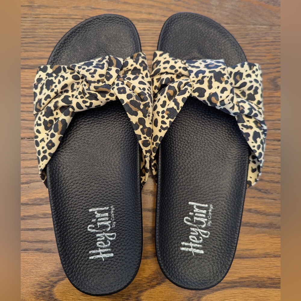 Corkys Natural Woven Leopard Sansal Slides, Staycation Sz. 7